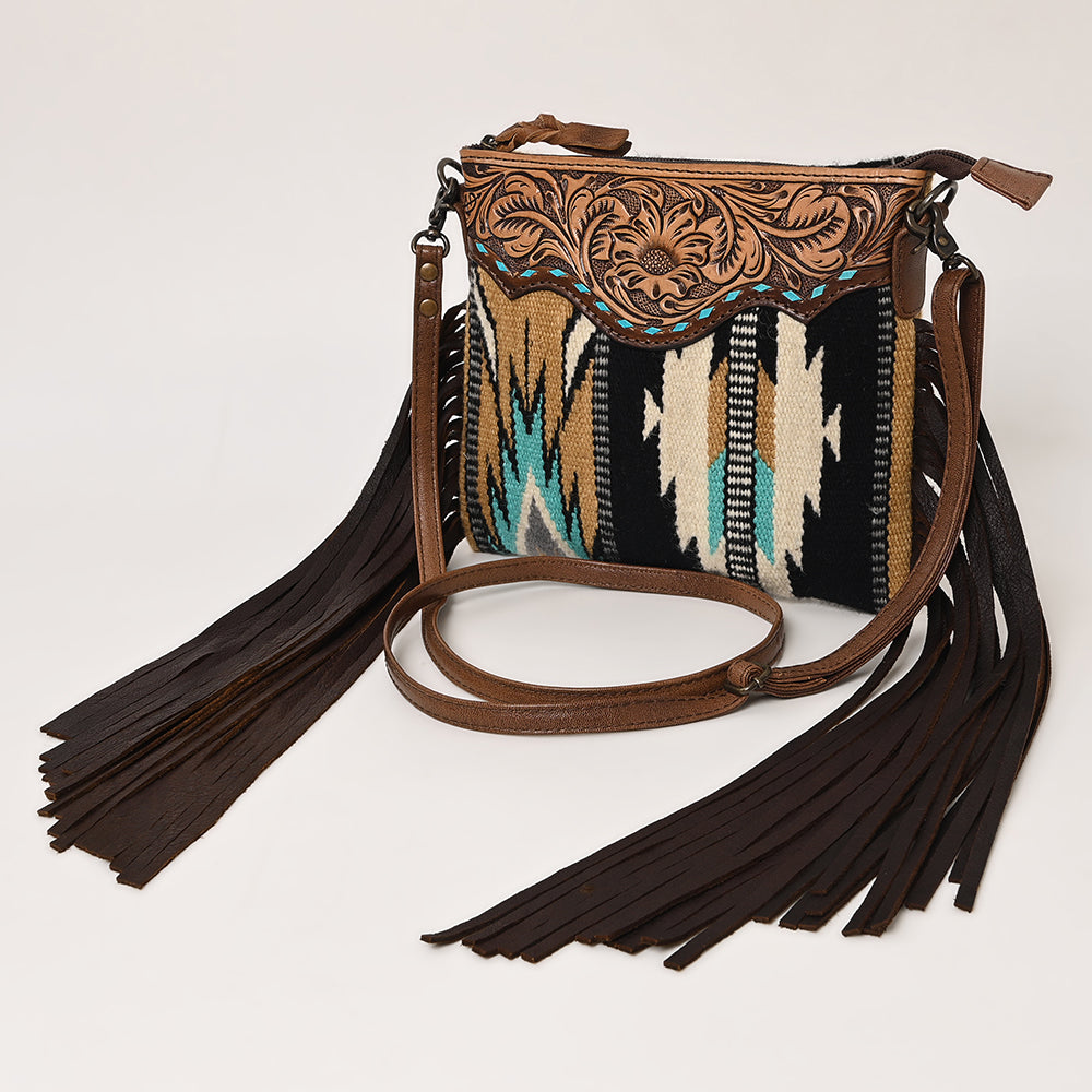 American Darling Western Cross body Bag Hand Tooled Floral Leather & Hand Woven Saddle Blanket with Fringes