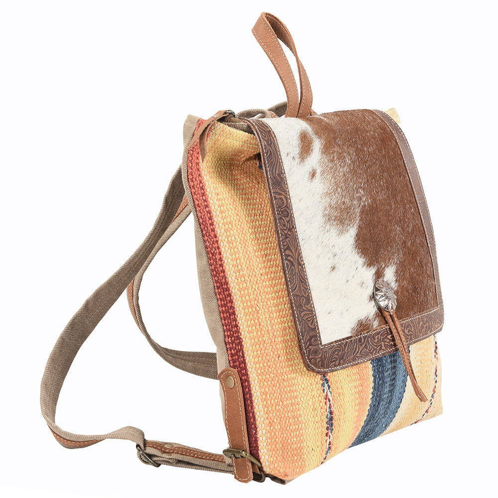 Ohlay Backpack Hand Tooled Upcycled Canvas Hair-On Genuine Leather