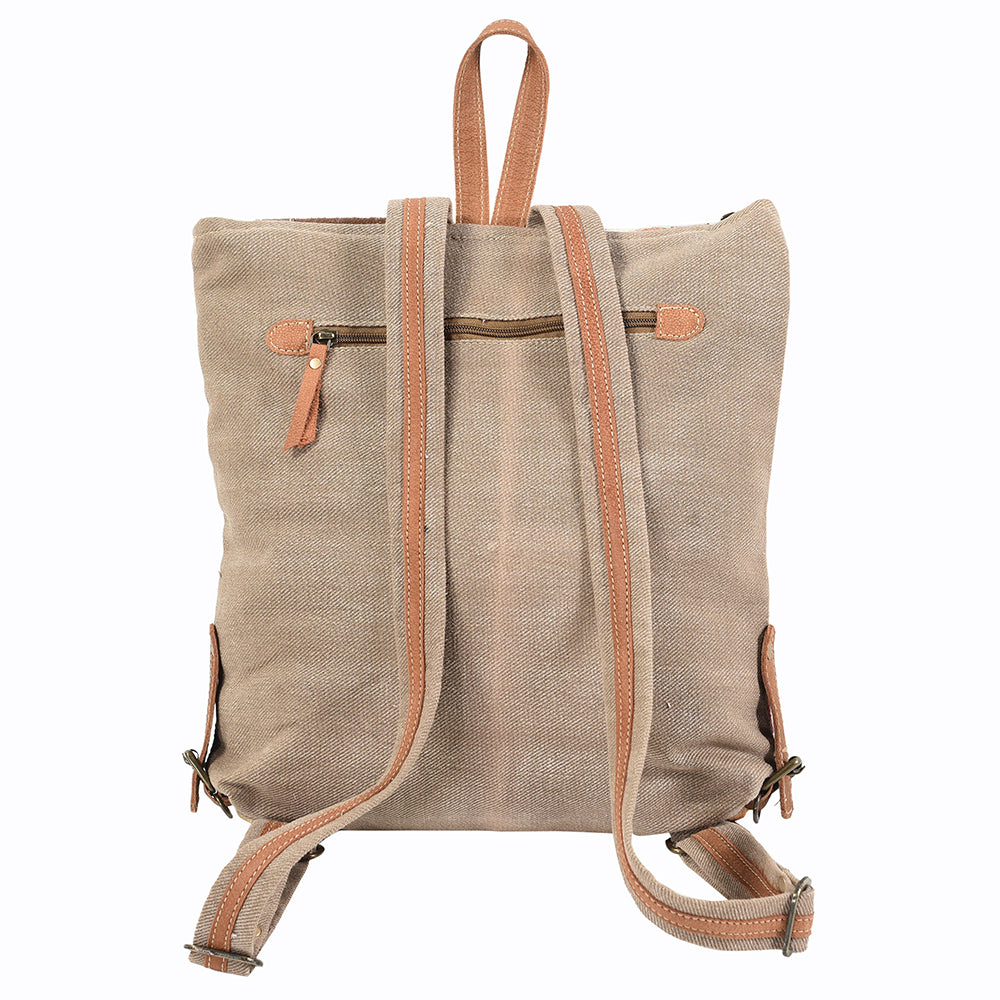 Ohlay Backpack Hand Tooled Upcycled Canvas Hair-On Genuine Leather