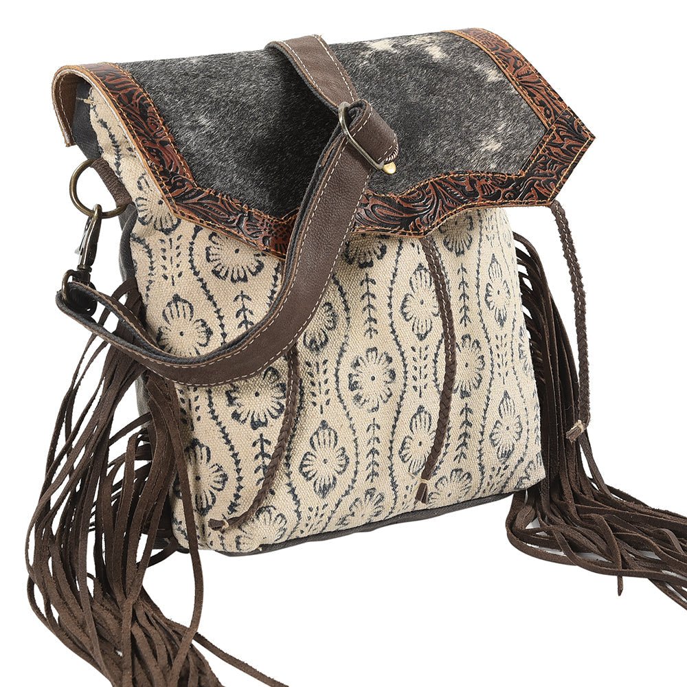 OHLAY Cross Body Upcycled Wool Canvas Embossed Hair-On Genuine Leather Women Bag Western Handbag Purse Womens Handbags