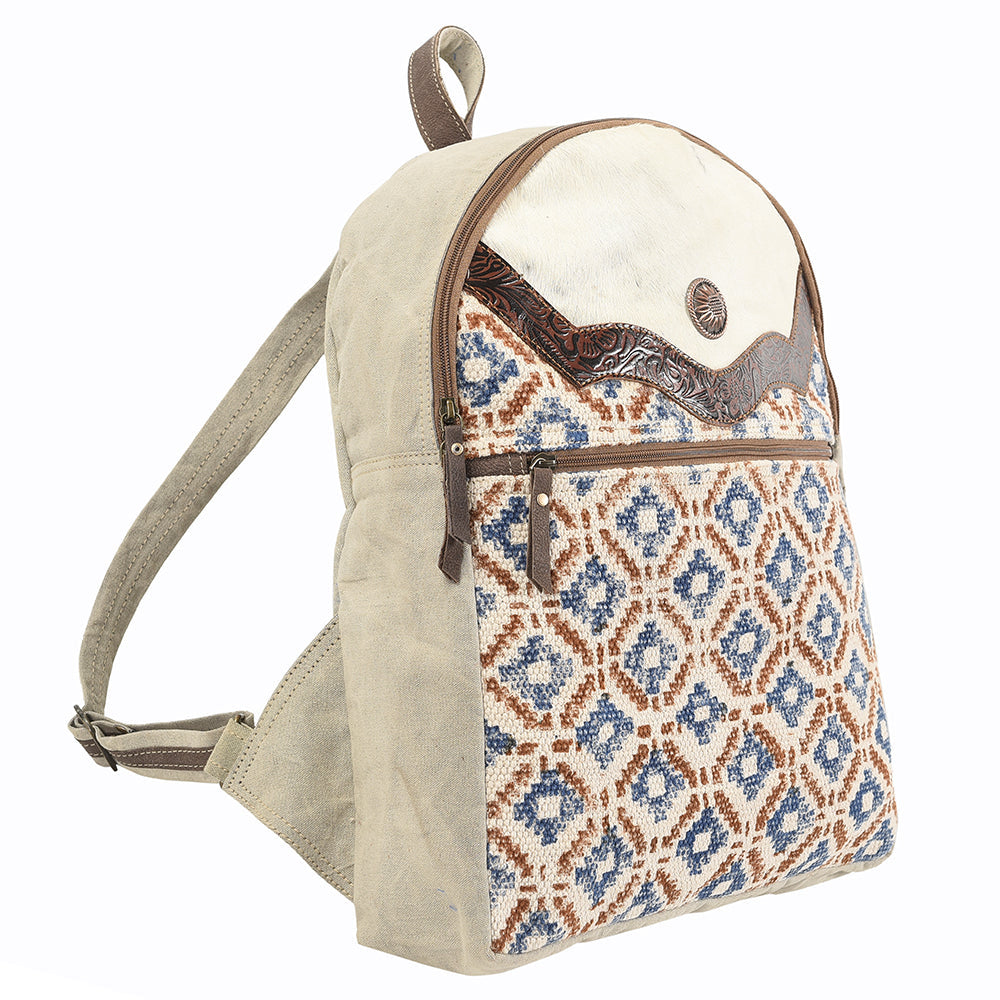 Ohlay Backpack Hand Tooled Upcycled Canvas Hair-On Genuine Leather