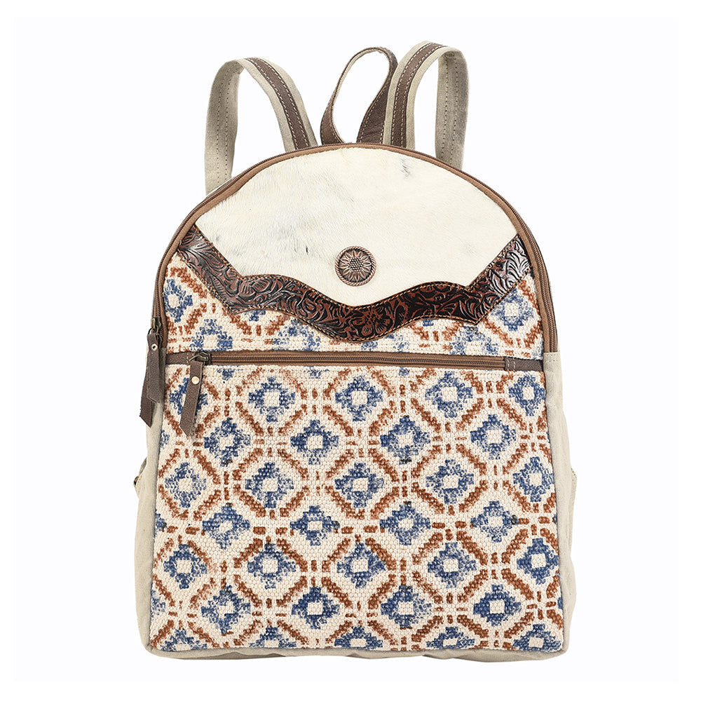 Ohlay Backpack Hand Tooled Upcycled Canvas Hair-On Genuine Leather