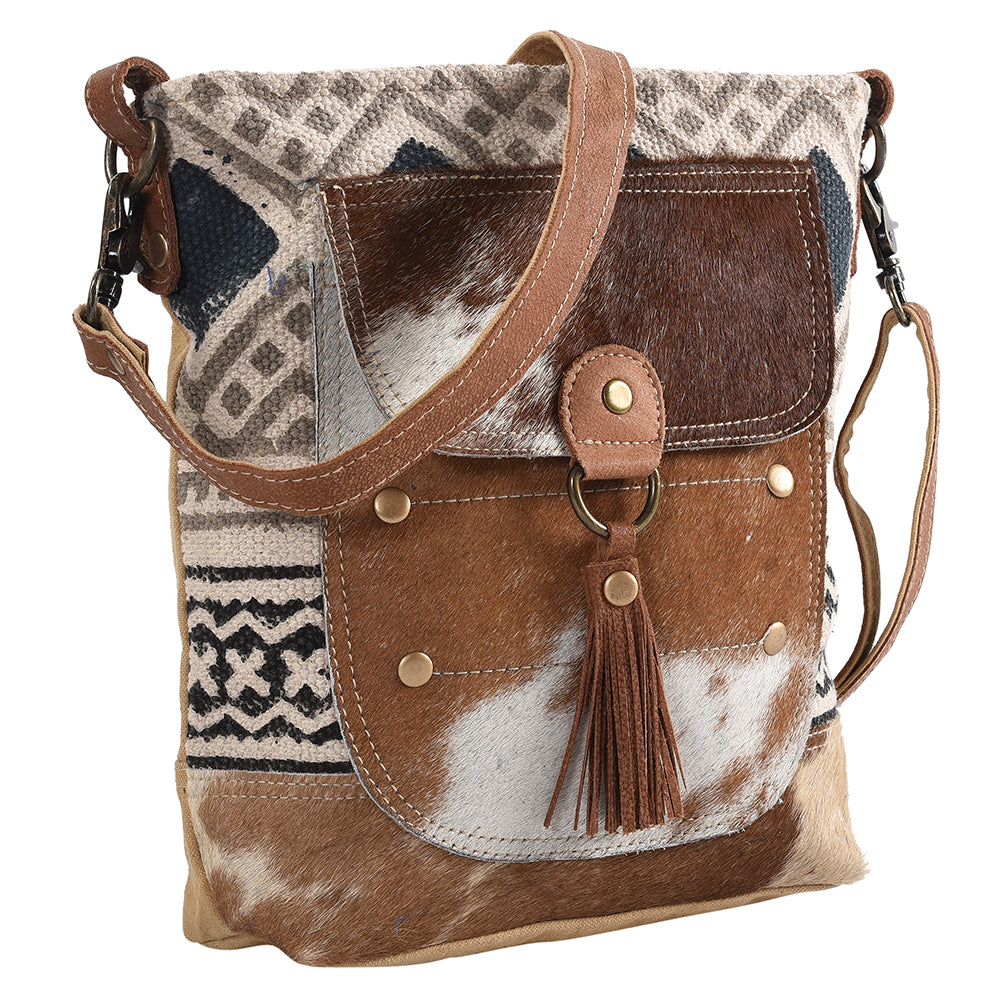 OHLAY Upcycled Wool Canvas Hair-On Genuine Leather Messenger Bag