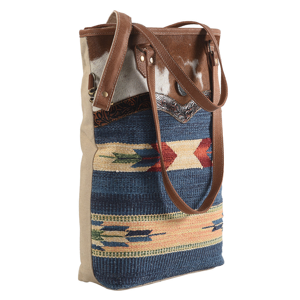 OHLAY Hand-Tooled Upcycled Wool Canvas Hair-On Genuine Leather Tote