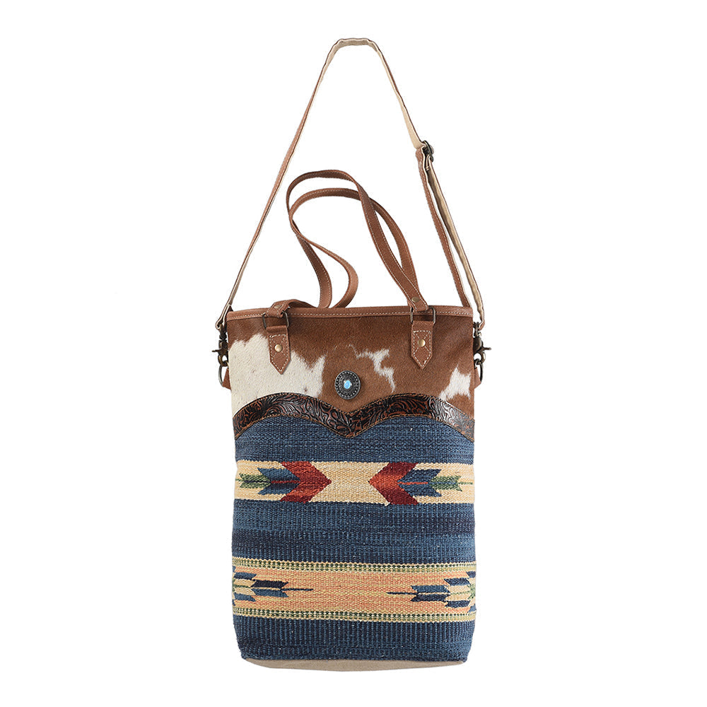 OHLAY Hand-Tooled Upcycled Wool Canvas Hair-On Genuine Leather Tote
