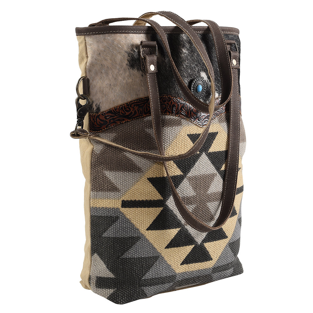 OHLAY Hand-Tooled Upcycled Wool Canvas Hair-On Genuine Leather Tote