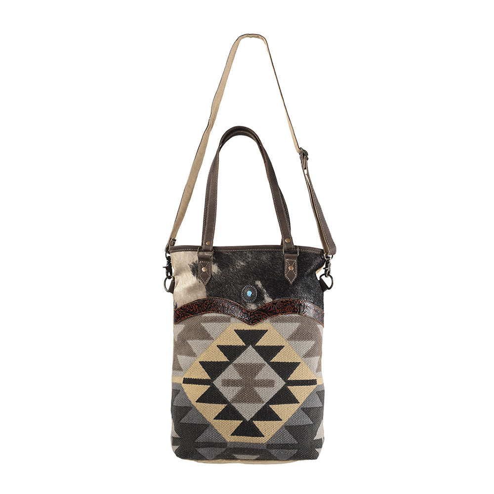 OHLAY Hand-Tooled Upcycled Wool Canvas Hair-On Genuine Leather Tote