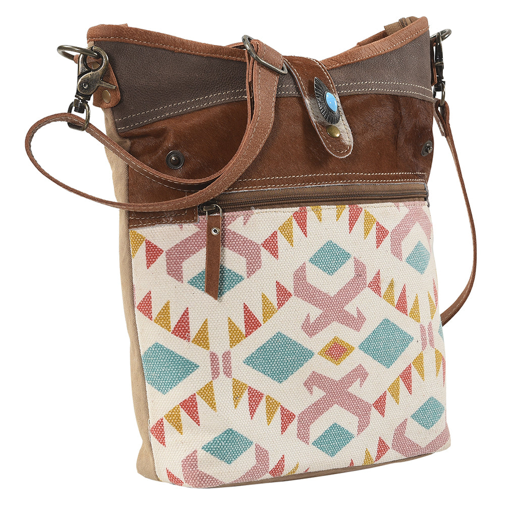 OHLAY Upcycled Canvas Hair-On Genuine Leather Messenger Bag