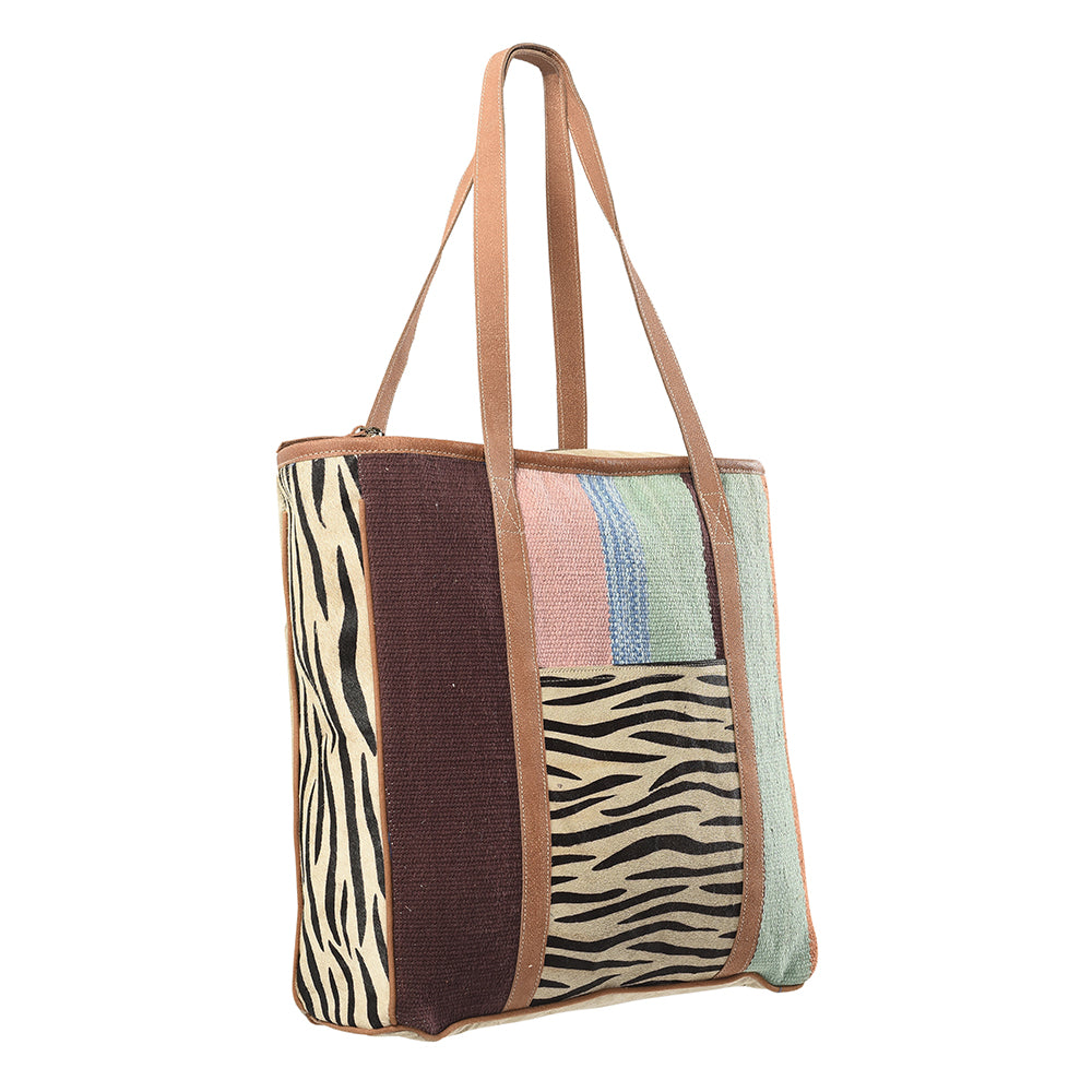 OHLAY Upcycled Wool Canvas Hair-On Genuine Leather Tote