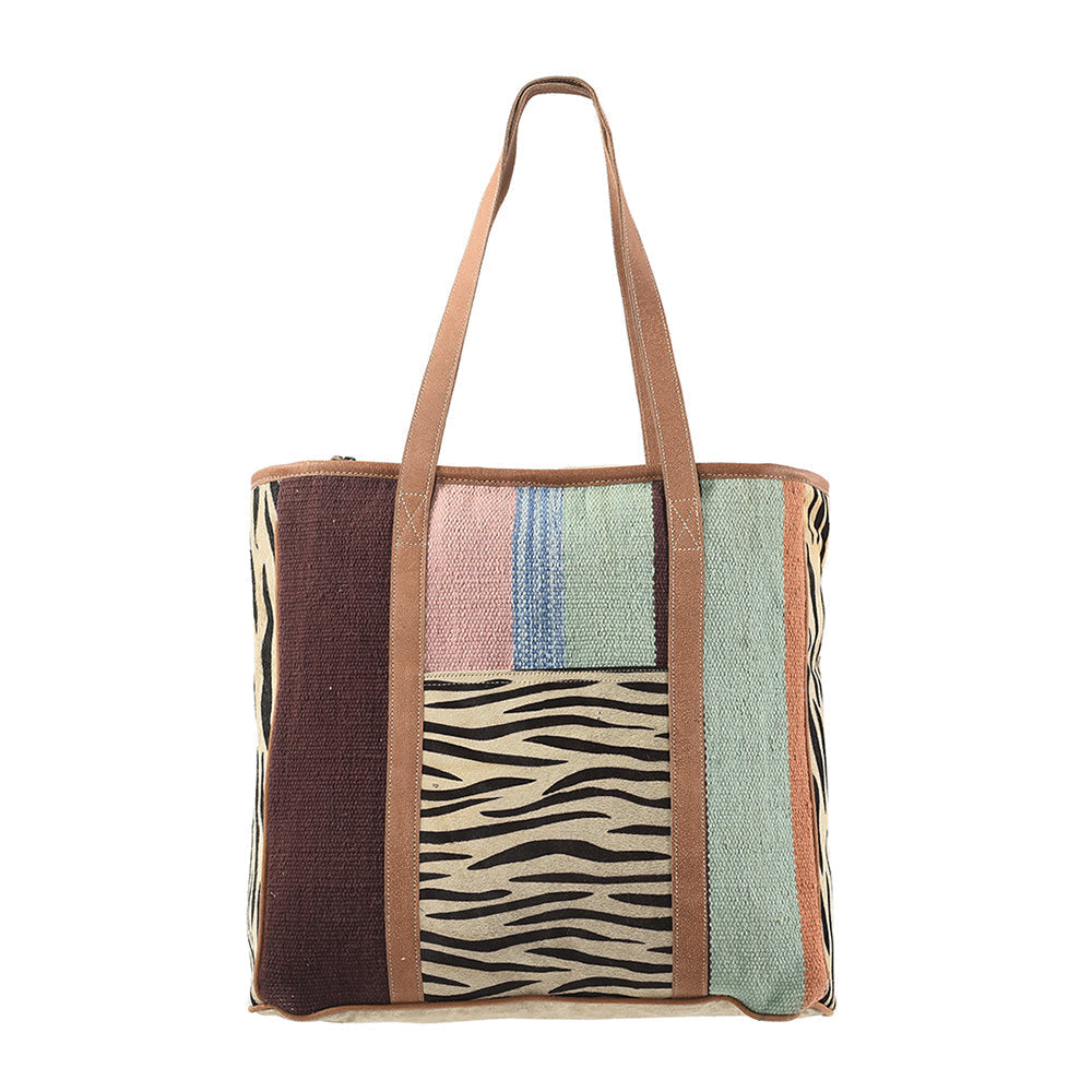 OHLAY Upcycled Wool Canvas Hair-On Genuine Leather Tote