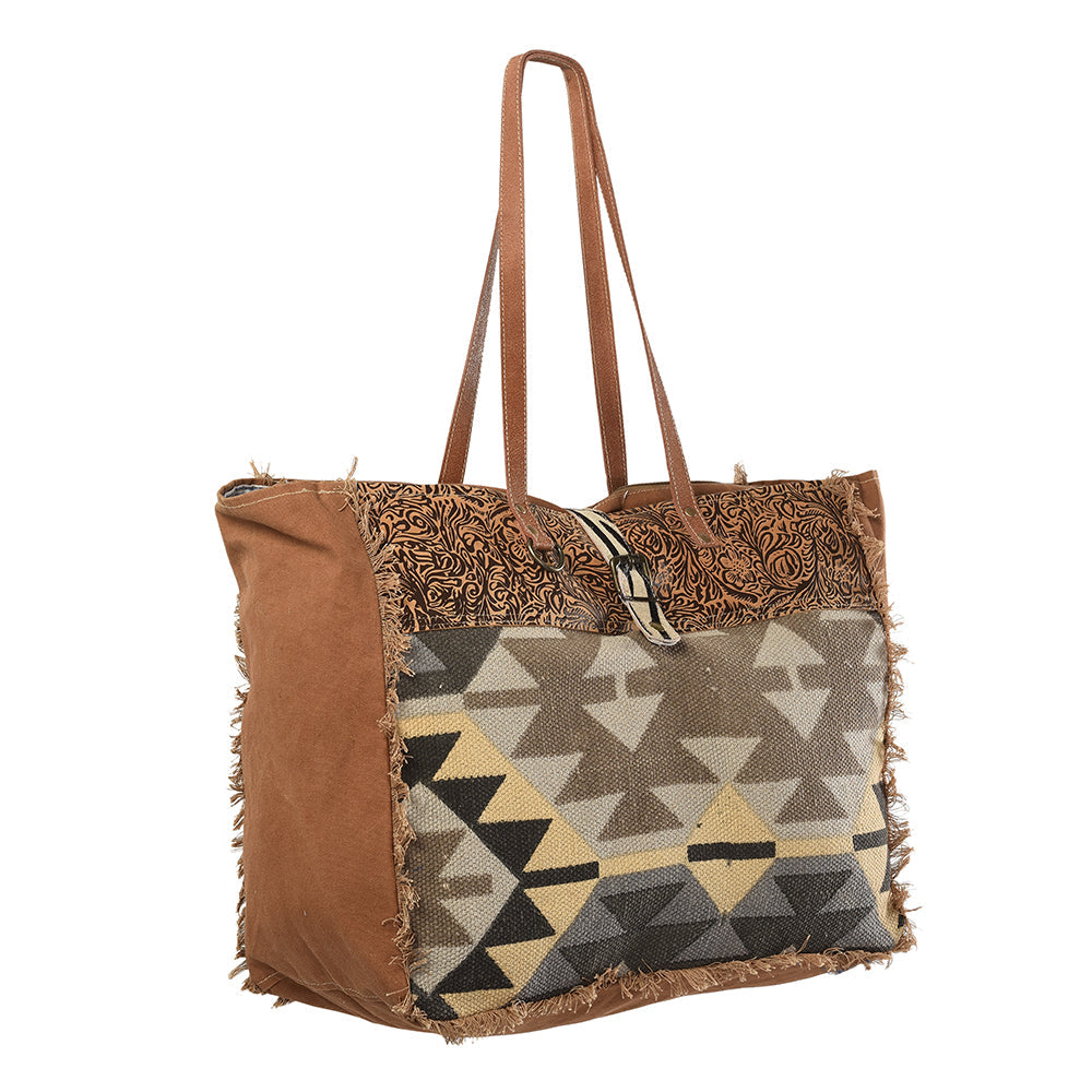 OHLAY Upcycled Wool Canvas Embossed Genuine Leather Tote