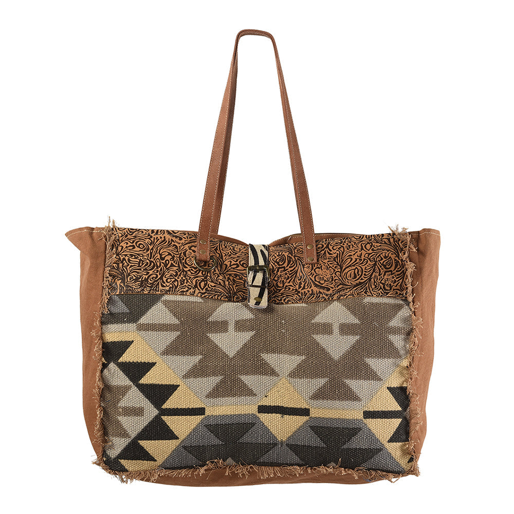 OHLAY Upcycled Wool Canvas Embossed Genuine Leather Tote