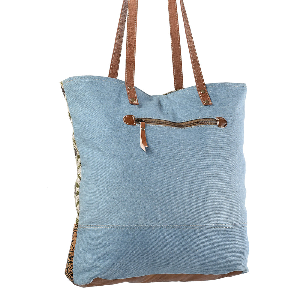 OHLAY Upcycled Wool Canvas Embossed Genuine Leather Tote
