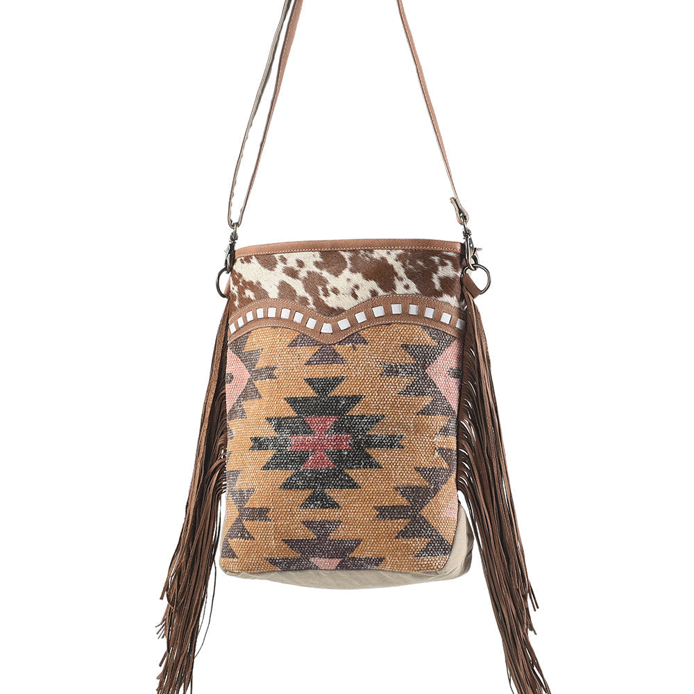 OHLAY Upcycled Wool Canvas Hair-On Genuine Leather Messenger Bag