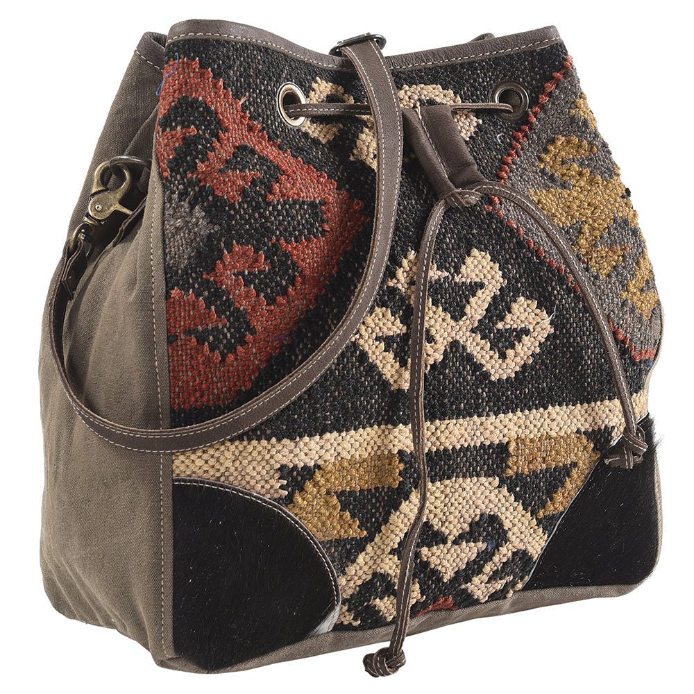 OHLAY Bucket Upcycled Wool Canvas Hair On Genuine Leather Women Bag Western Handbag Purse | Womens Handbags Belt for Summer