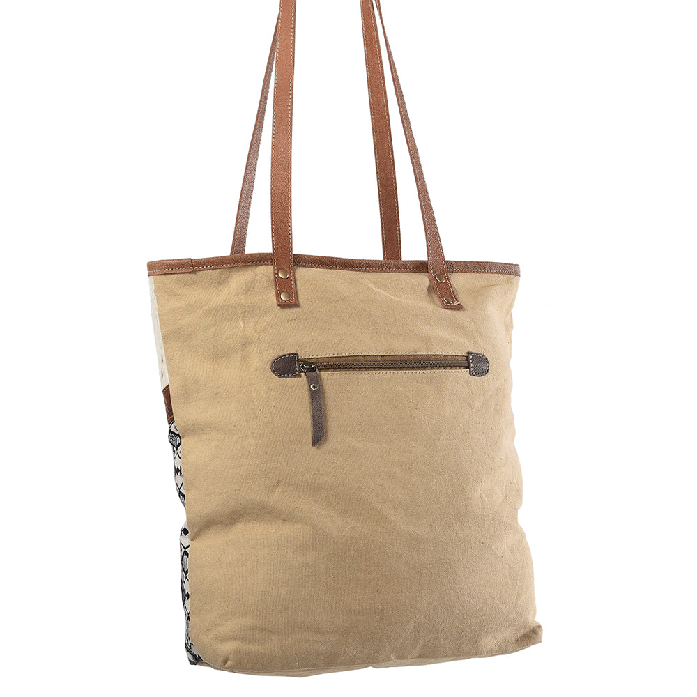 OHLAY Upcycled Wool Canvas Embossed Hair-On Genuine Leather Tote