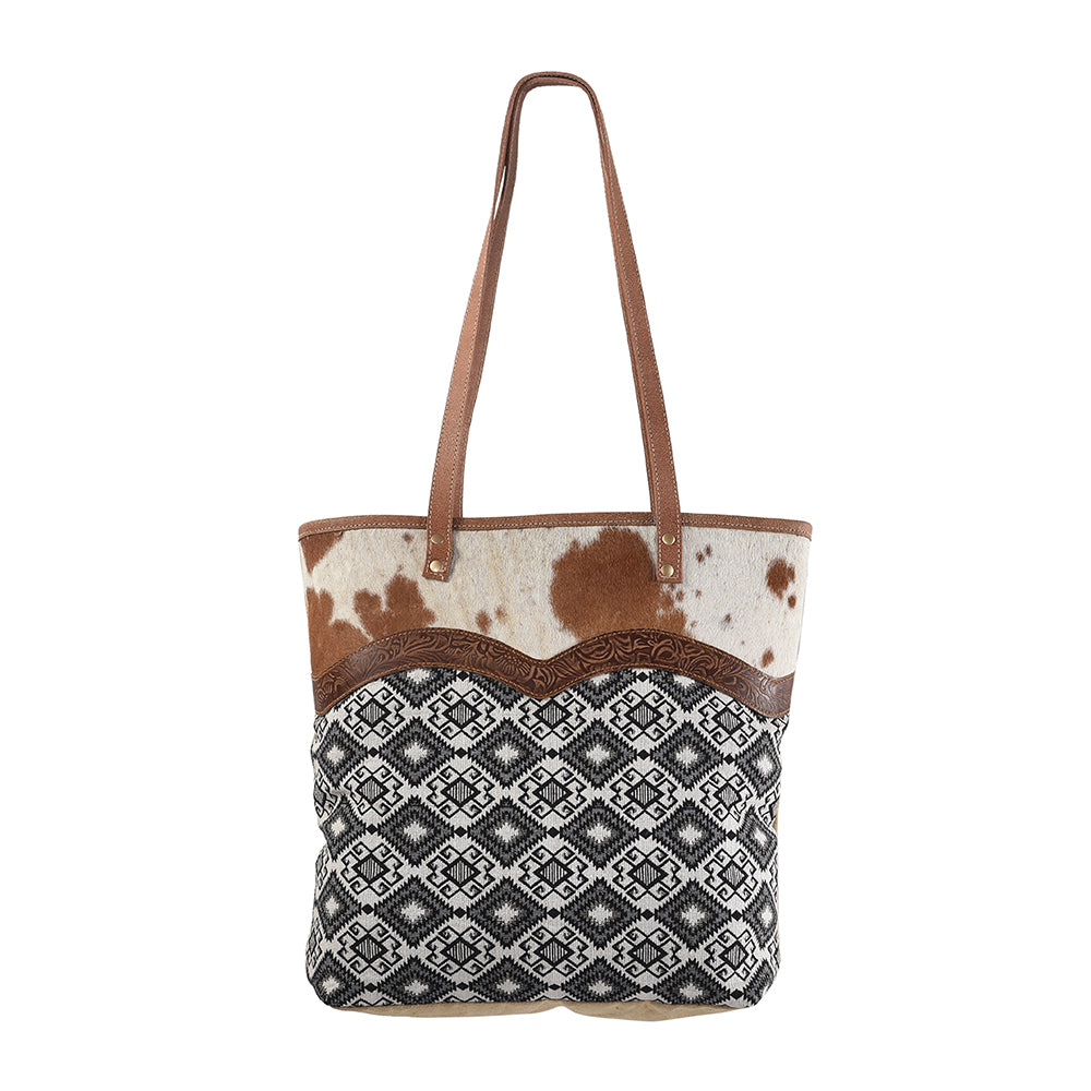 OHLAY Upcycled Wool Canvas Embossed Hair-On Genuine Leather Tote