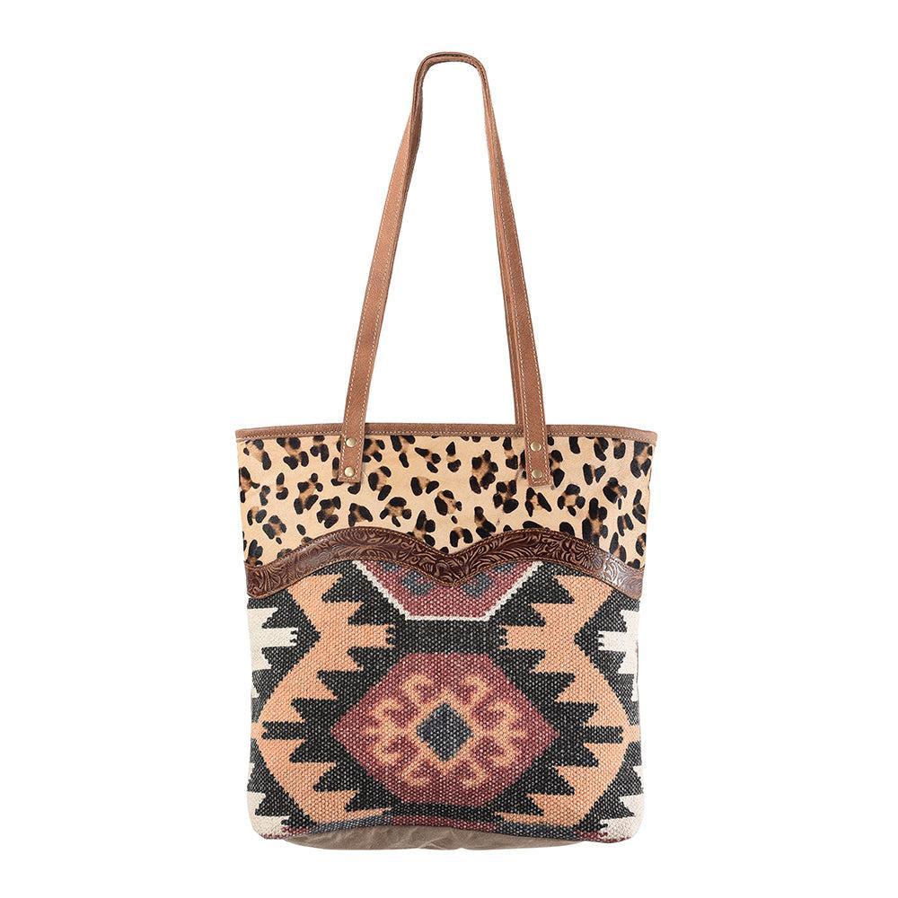 OHLAY Upcycled Wool Canvas Embossed Hair-On Genuine Leather Tote