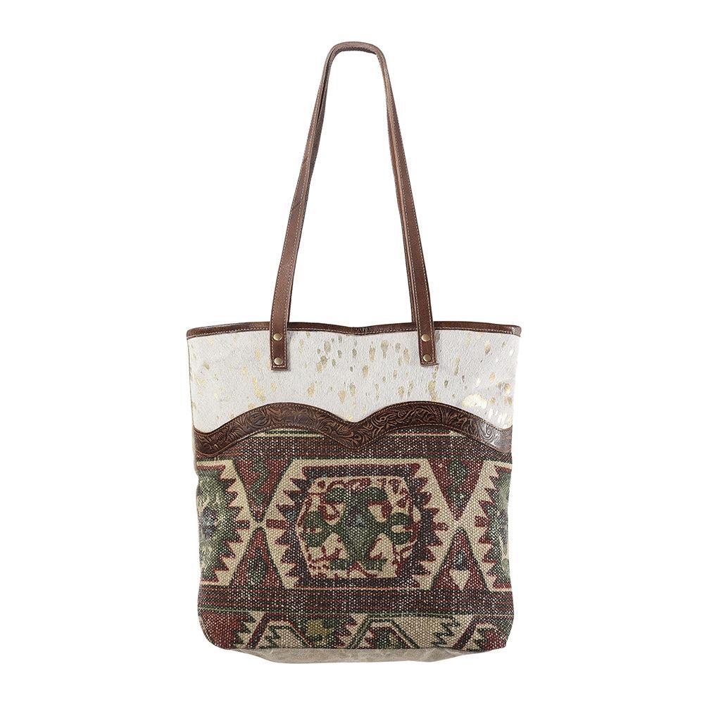 OHLAY Upcycled Wool Canvas Embossed Hair-On Genuine Leather Tote