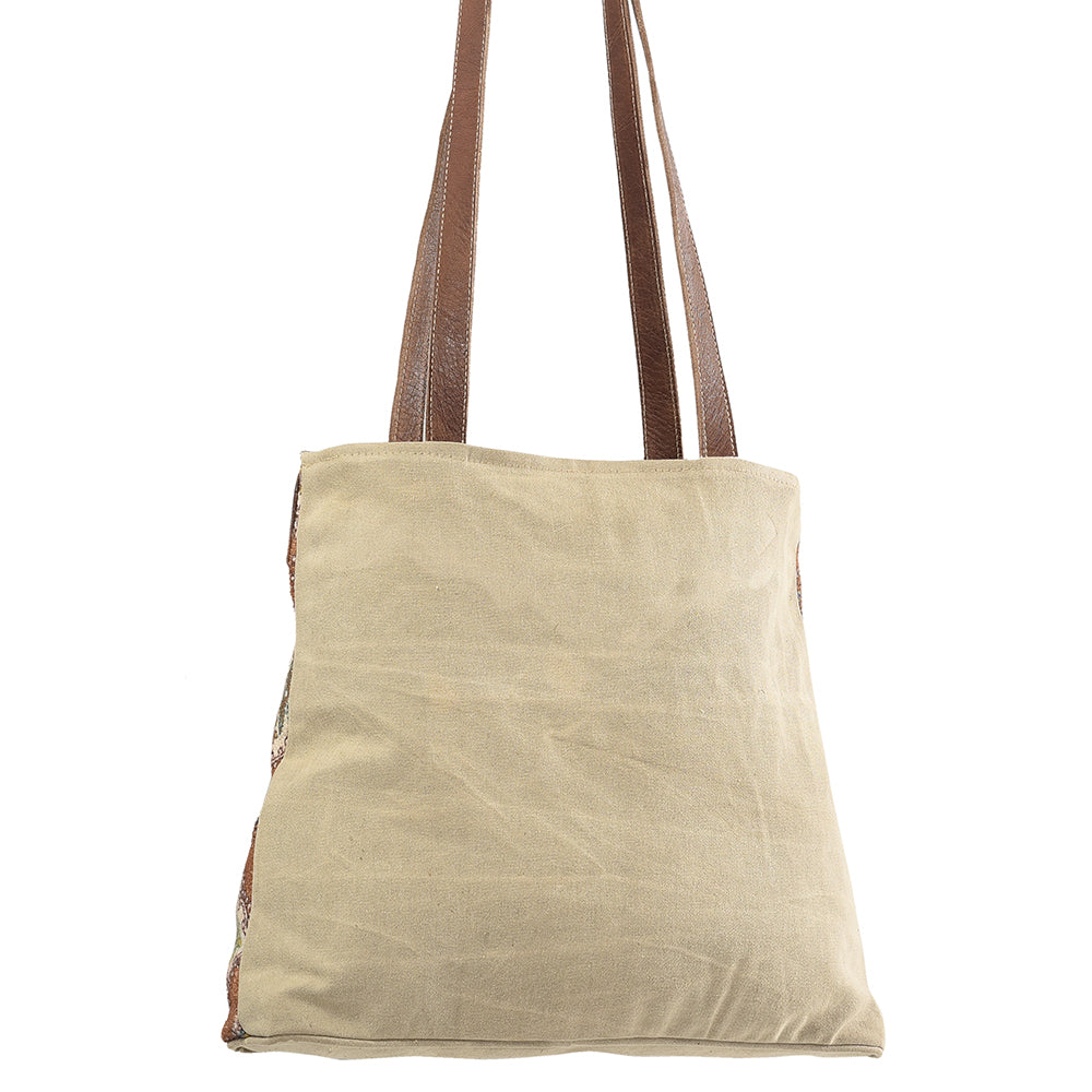 OHLAY Hand-Tooled Upcycled Canvas Genuine Leather Tote