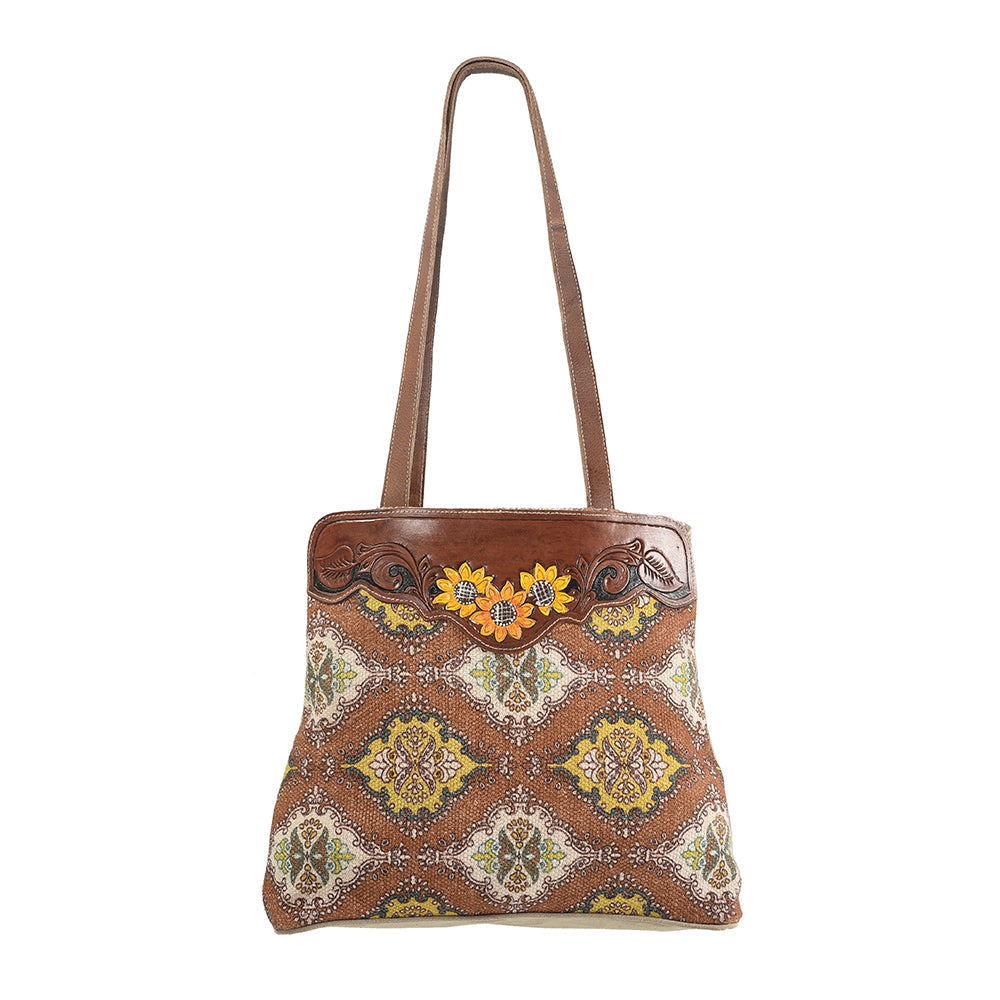 OHLAY Hand-Tooled Upcycled Canvas Genuine Leather Tote