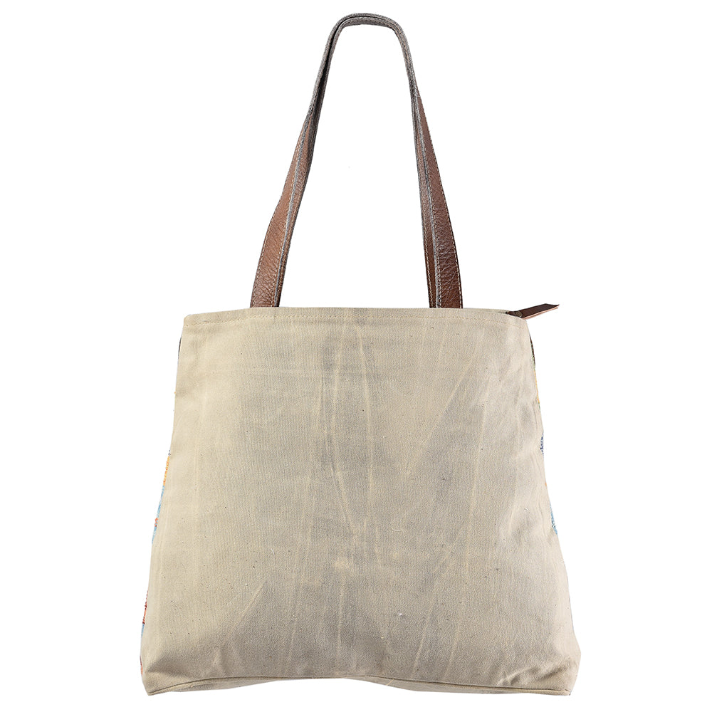 OHLAY Hand-Tooled Upcycled Wool Canvas Genuine Leather Tote