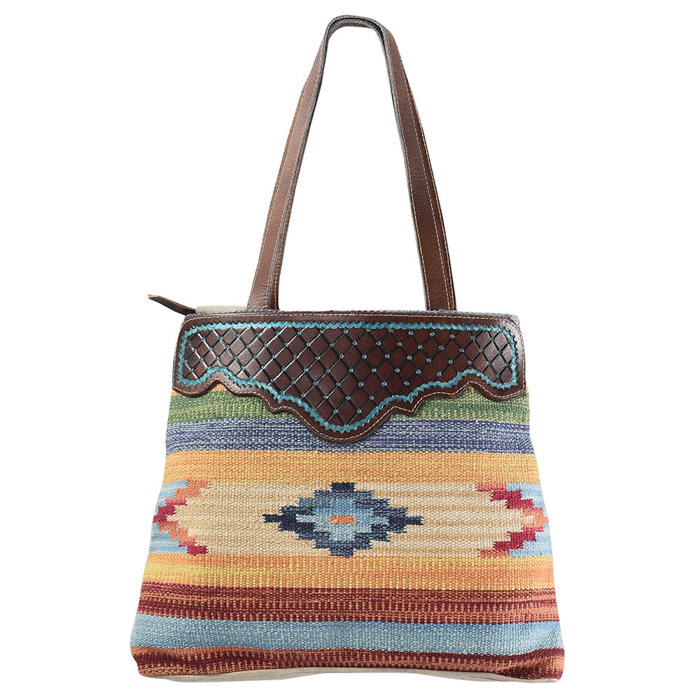 OHLAY Hand-Tooled Upcycled Wool Canvas Genuine Leather Tote