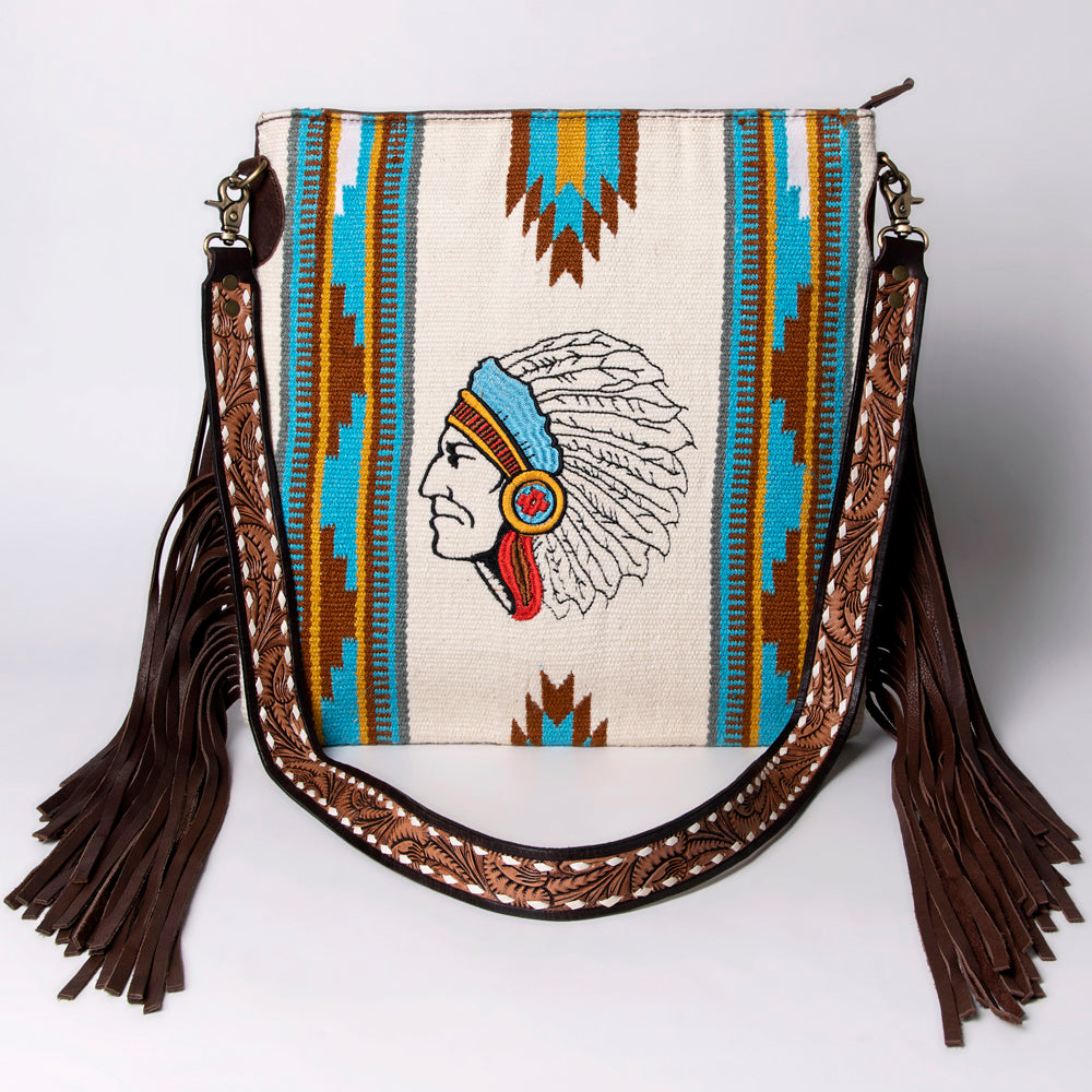 American Darling Large Cross body Bag Hand Woven Saddle Blanket Vegetable-Tanned Genuine Leather Fringes Buck Stitched
