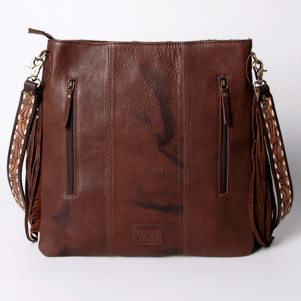 American Darling Large Cross body Bag Hand Woven Saddle Blanket Vegetable-Tanned Genuine Leather Fringes Buck Stitched