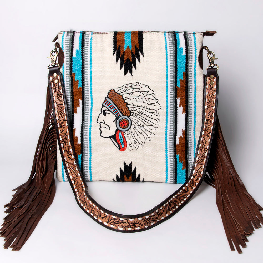American Darling Large Cross body Bag Hand Woven Saddle Blanket Vegetable-Tanned Genuine Leather Fringes Buck Stitched