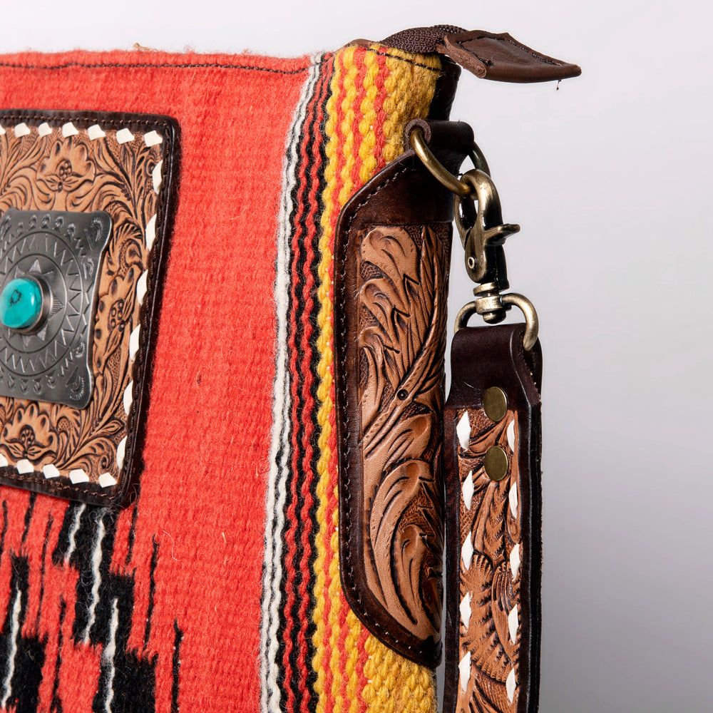 American Darling Large Cross body Bag Hand-Woven Saddle Blanket Vegetable-Tanned Genuine Leather Fringes Turquoise Concho