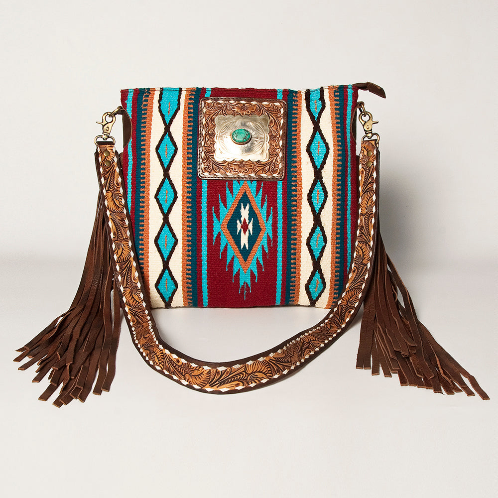 American Darling Large Cross body Bag Hand-Woven Saddle Blanket Vegetable-Tanned Genuine Leather Fringes Turquoise Concho