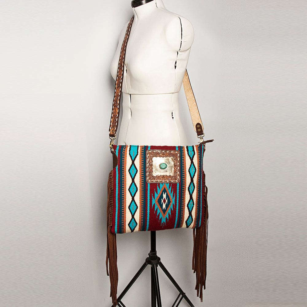 American Darling Large Cross body Bag Hand-Woven Saddle Blanket Vegetable-Tanned Genuine Leather Fringes Turquoise Concho