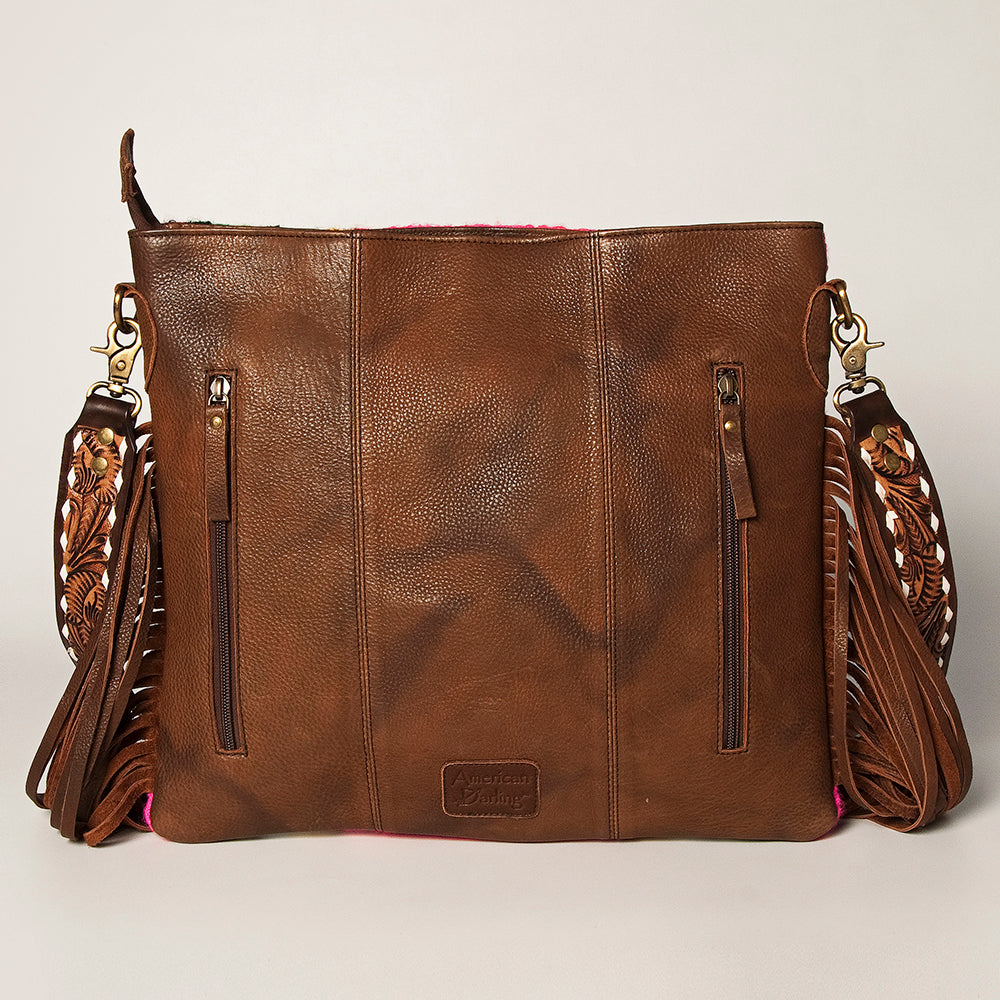 American Darling Large Cross body Bag Hand-Woven Saddle Blanket Vegetable-Tanned Genuine Leather Fringes Turquoise Concho