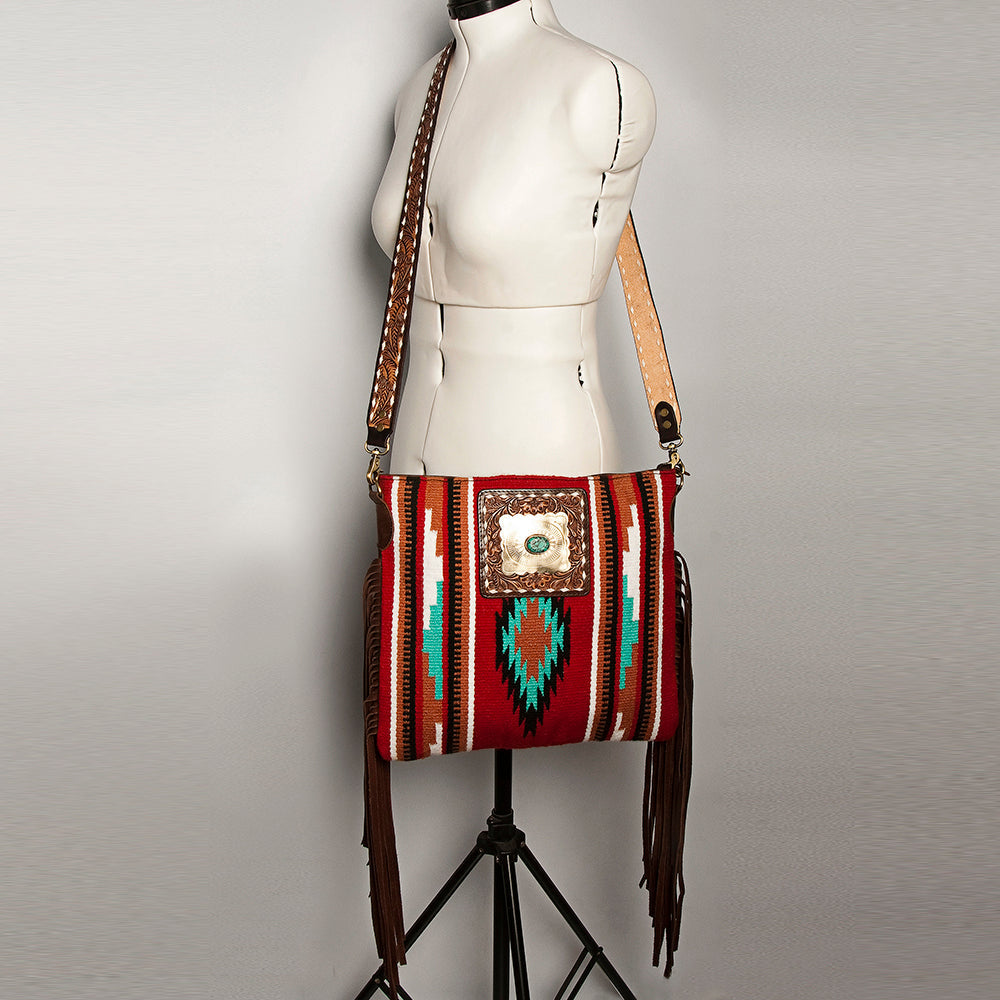 American Darling Large Cross body Bag Hand-Woven Saddle Blanket Vegetable-Tanned Genuine Leather Fringes Turquoise Concho