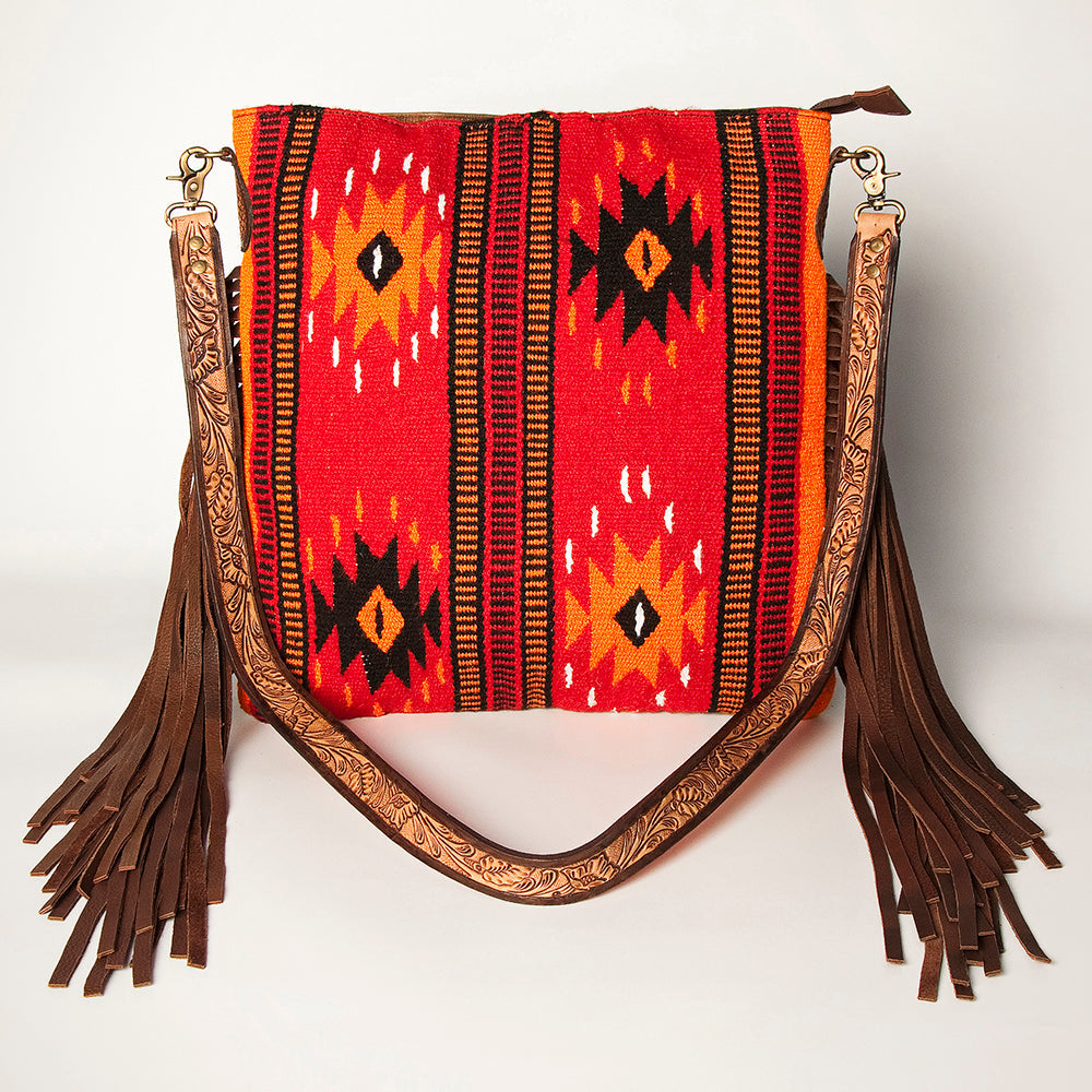 American Darling Large Cross body Bag Hand Woven Saddle Blanket Vegetable-Tanned Genuine Leather Fringes Hand Tooled
