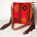 American Darling Large Cross body Bag Hand Woven Saddle Blanket Vegetable-Tanned Genuine Leather Fringes Hand Tooled