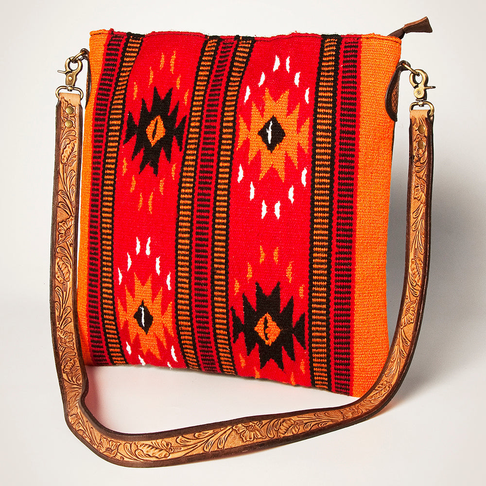 American Darling Large Cross body Bag Hand Woven Saddle Blanket Vegetable-Tanned Genuine Leather Hand Tooled