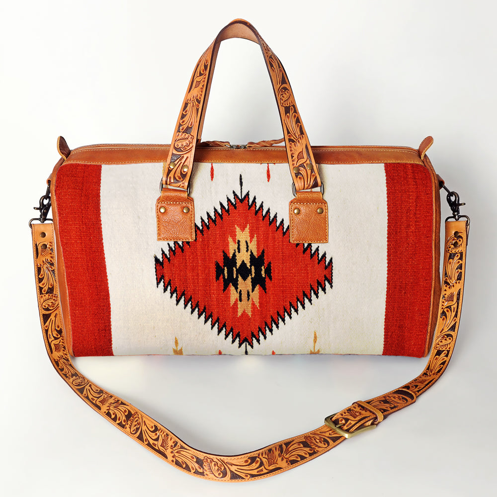 American Darling Duffel Bag for Travel, Hand Tooled Floral Leather & Woven Saddle Blanket, Genuine Western Leather Weekender