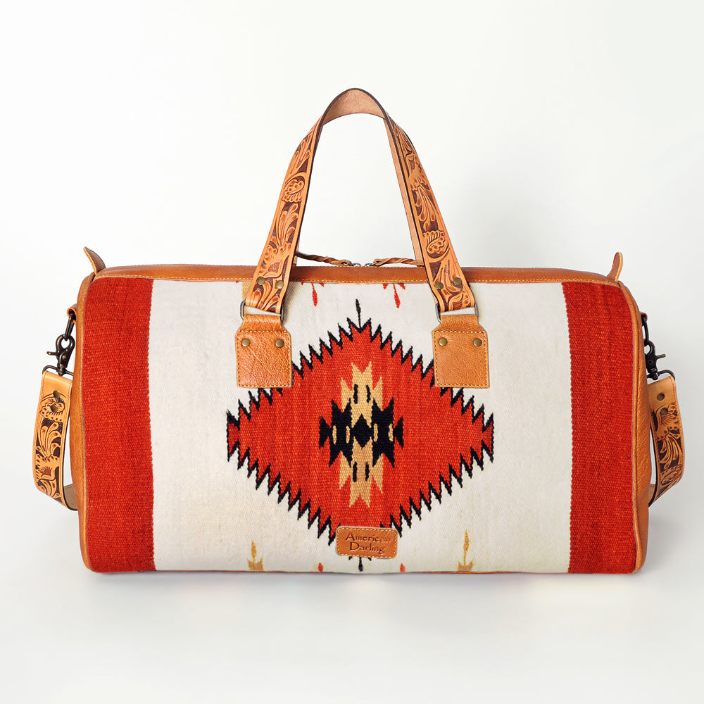 American Darling Duffel Bag for Travel, Hand Tooled Floral Leather & Woven Saddle Blanket, Genuine Western Leather Weekender