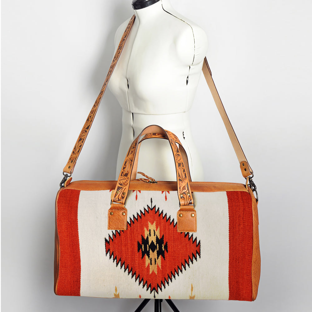 American Darling Duffel Bag for Travel, Hand Tooled Floral Leather & Woven Saddle Blanket, Genuine Western Leather Weekender