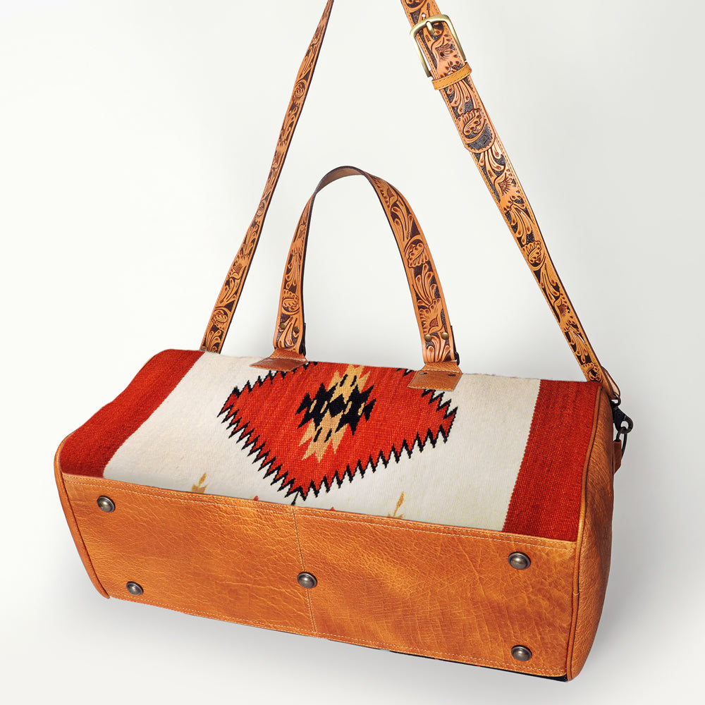 American Darling Duffel Bag for Travel, Hand Tooled Floral Leather & Woven Saddle Blanket, Genuine Western Leather Weekender