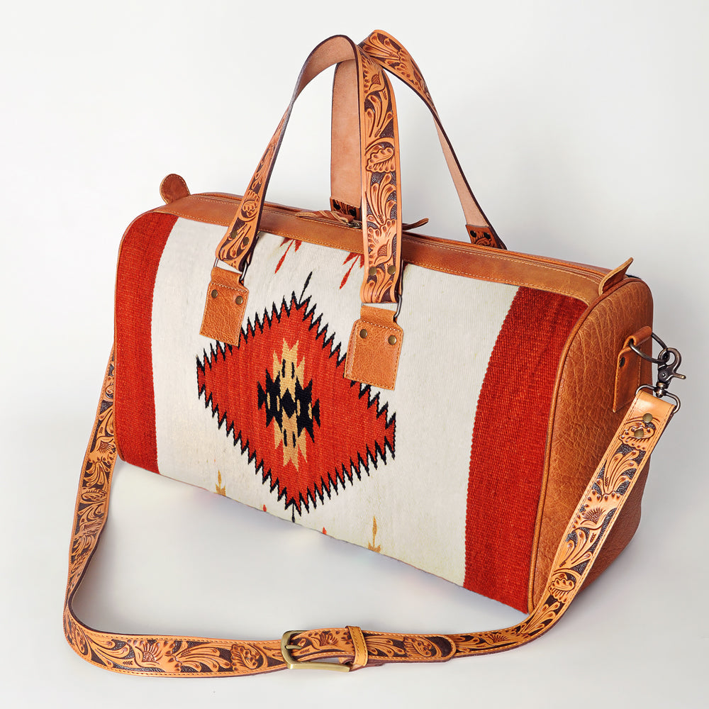 American Darling Duffel Bag for Travel, Hand Tooled Floral Leather & Woven Saddle Blanket, Genuine Western Leather Weekender