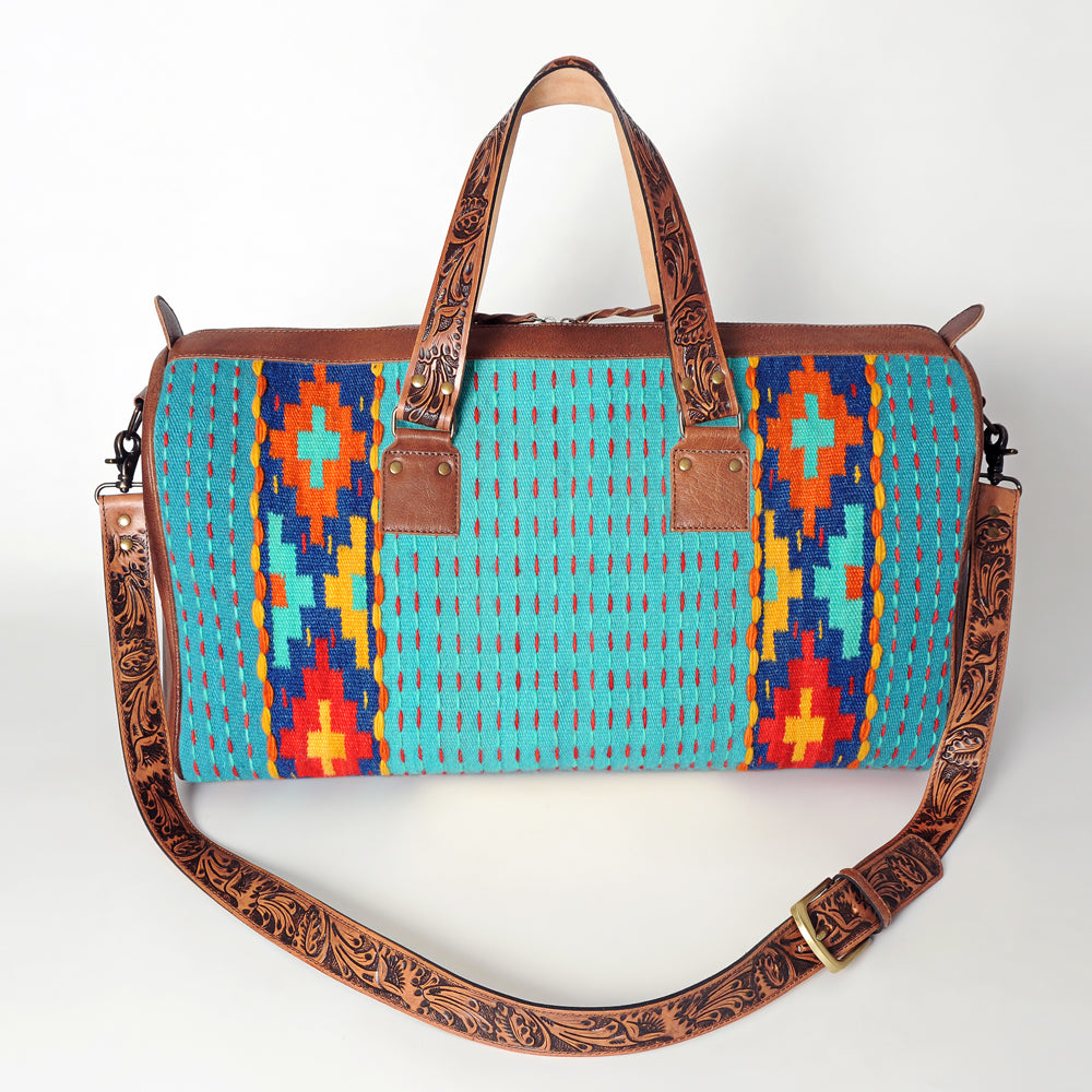American Darling Duffel Bag for Travel, Hand Tooled Floral Leather & Woven Saddle Blanket, Genuine Western Leather Weekender