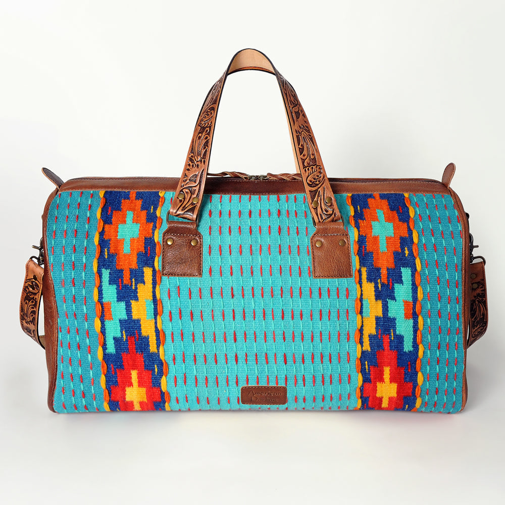 American Darling Duffel Bag for Travel, Hand Tooled Floral Leather & Woven Saddle Blanket, Genuine Western Leather Weekender