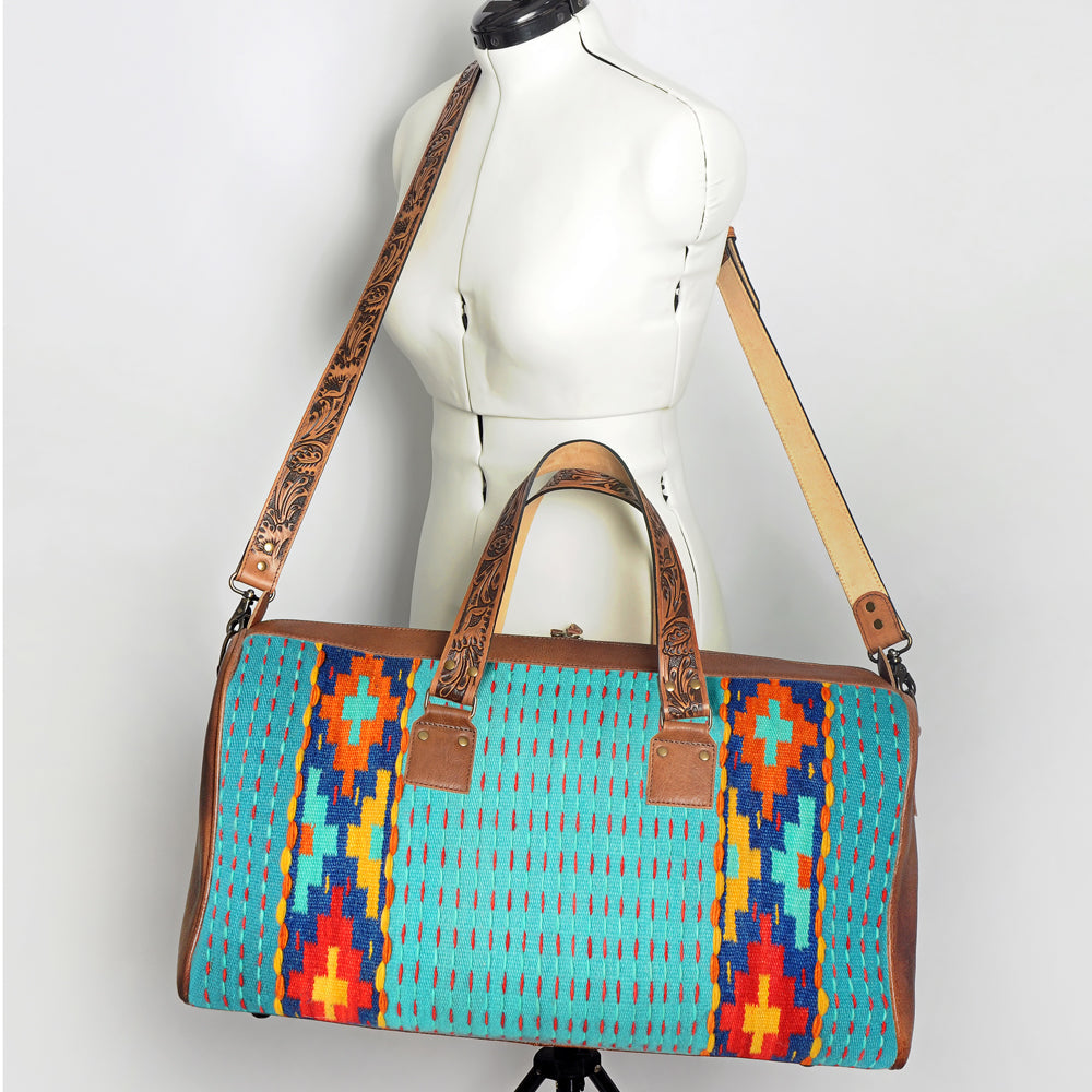American Darling Duffel Bag for Travel, Hand Tooled Floral Leather & Woven Saddle Blanket, Genuine Western Leather Weekender