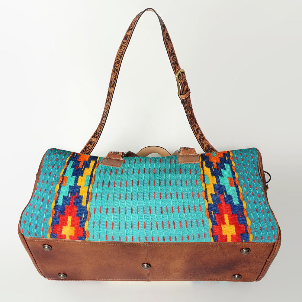 American Darling Duffel Bag for Travel, Hand Tooled Floral Leather & Woven Saddle Blanket, Genuine Western Leather Weekender