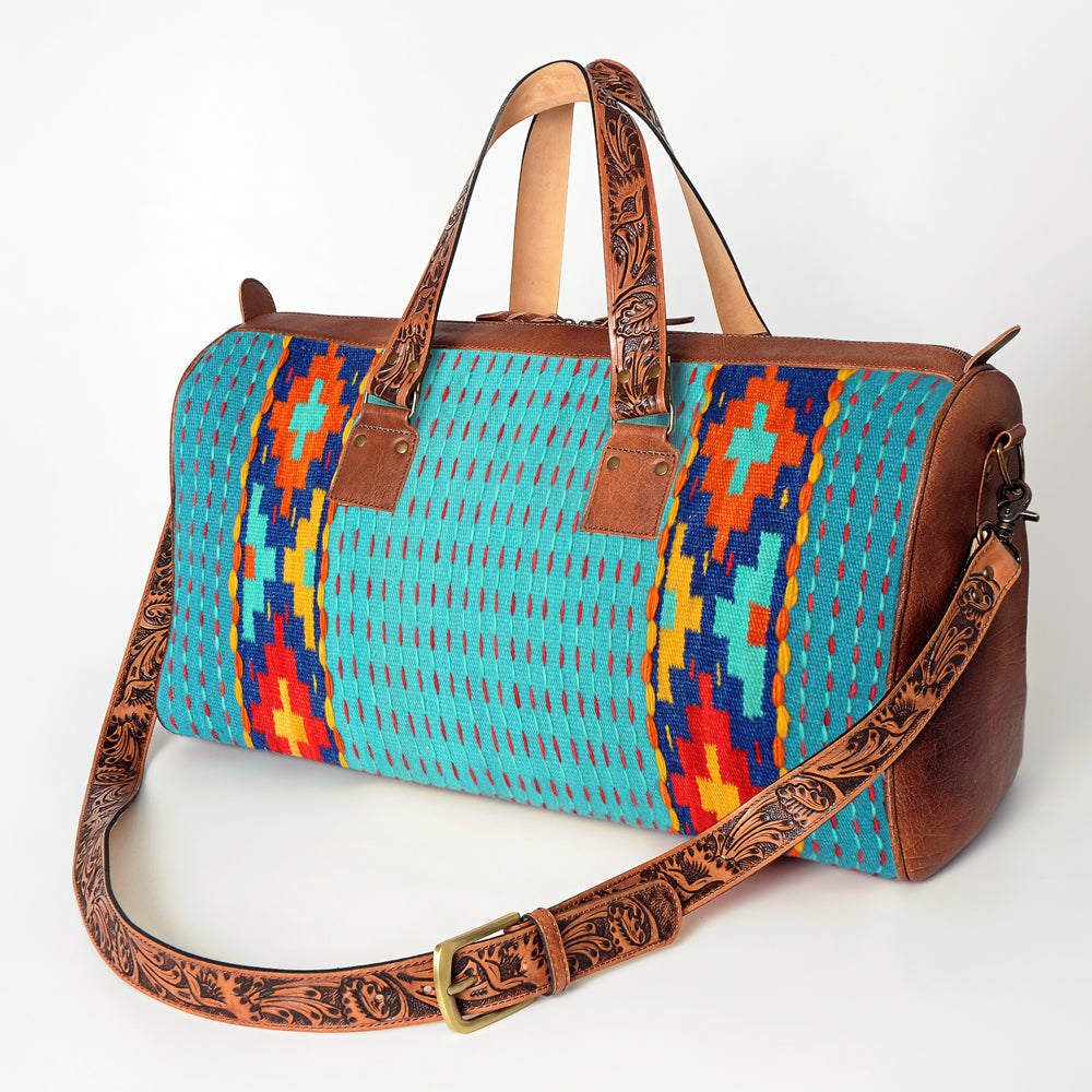 American Darling Duffel Bag for Travel, Hand Tooled Floral Leather & Woven Saddle Blanket, Genuine Western Leather Weekender