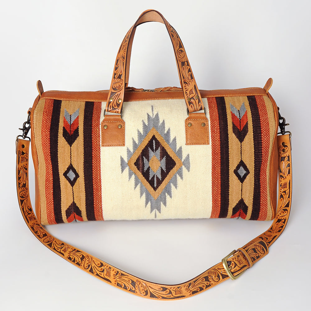American Darling Duffel Bag for Travel, Hand Tooled Floral Leather & Woven Saddle Blanket, Genuine Western Leather Weekender