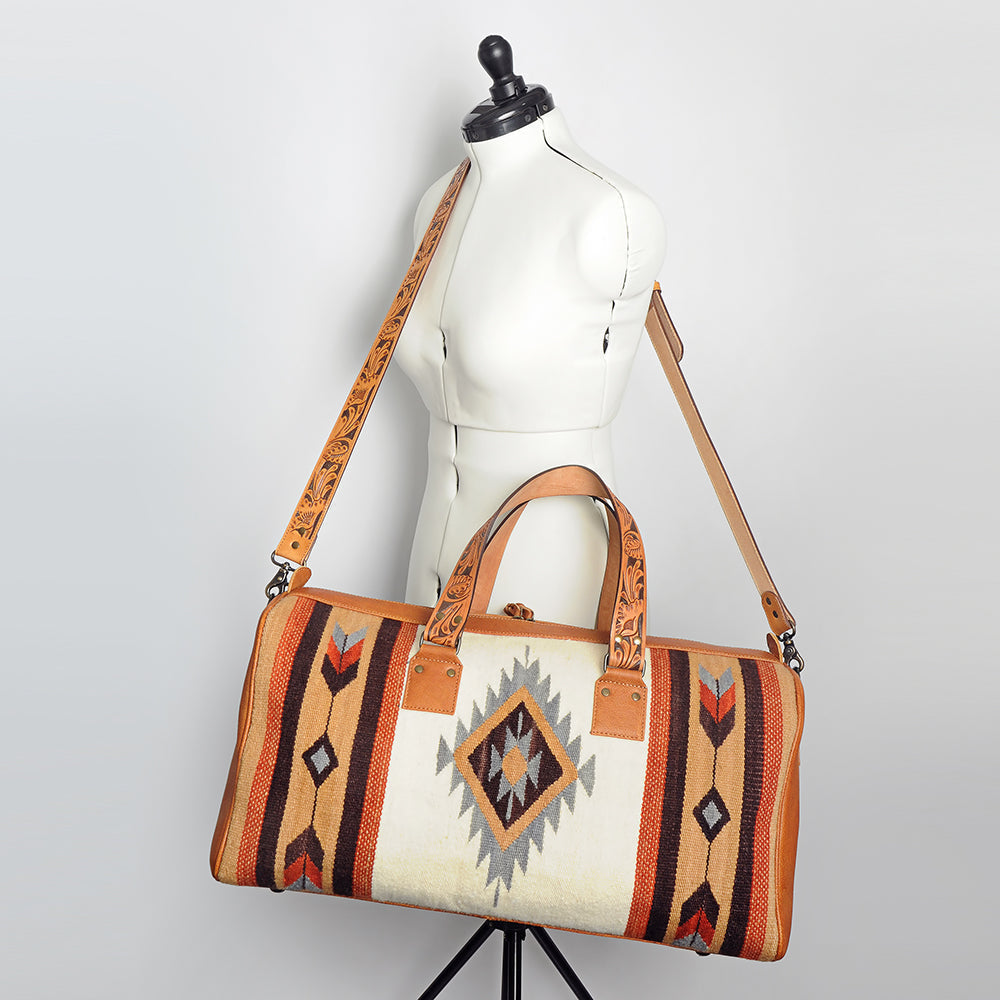 American Darling Duffel Bag for Travel, Hand Tooled Floral Leather & Woven Saddle Blanket, Genuine Western Leather Weekender